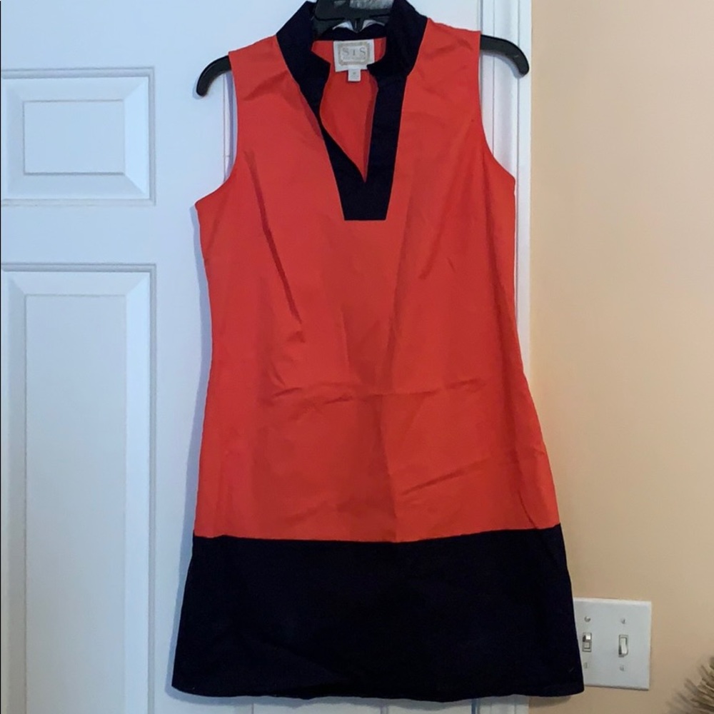 Coral pink and navy shift dress